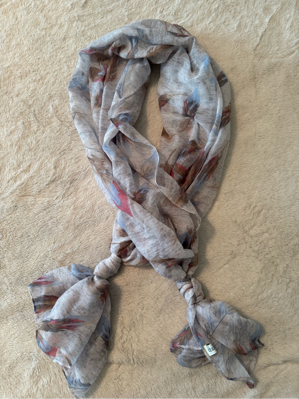 Lightweight Feather Pattern Womens Scarf - Neutral Gray with Pink Accents
